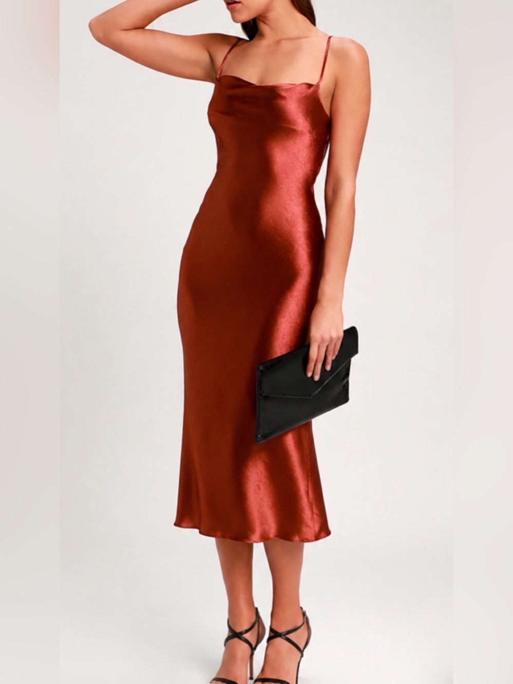 Lulus Copper Satin Cowl Neck Midi Slip Dress Size M Cocktail Evening Dressy